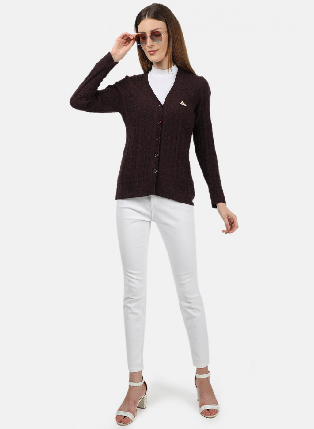 Women Purple Self Design Cardigan