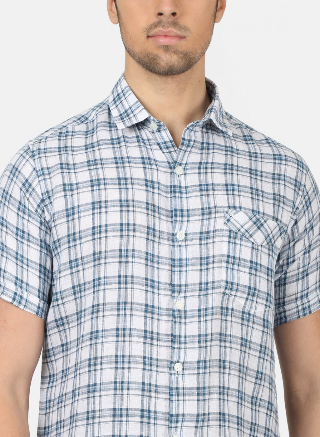 Men Blue Check Linen Shirt