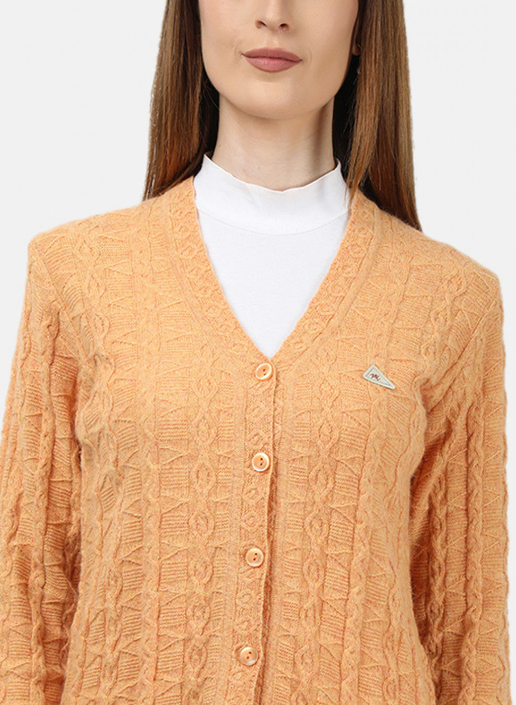Women Light Orange Self Design Cardigan
