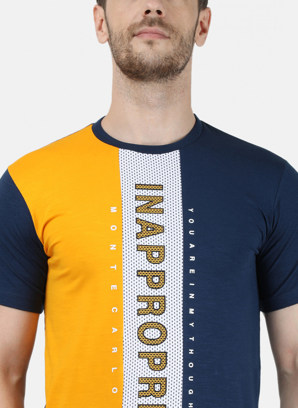 Mens Mustard Printed Round Neck T-Shirts