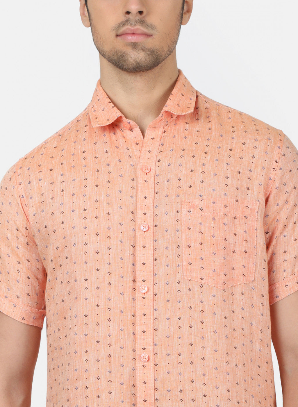 Men Light Orange Printed Linen Shirt
