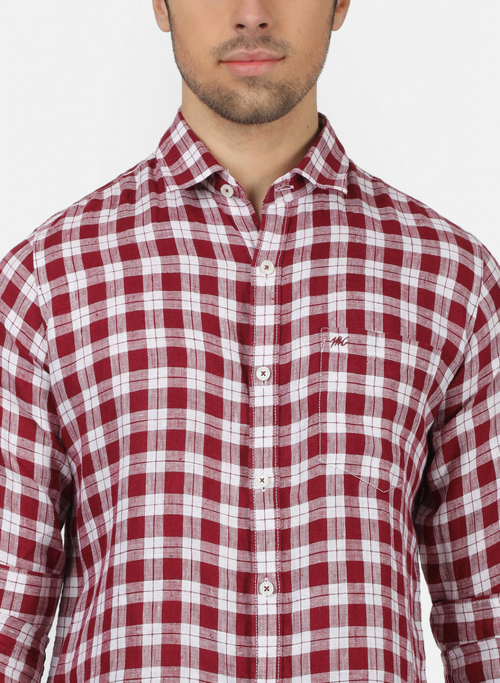 Men Maroon Check Linen Shirt