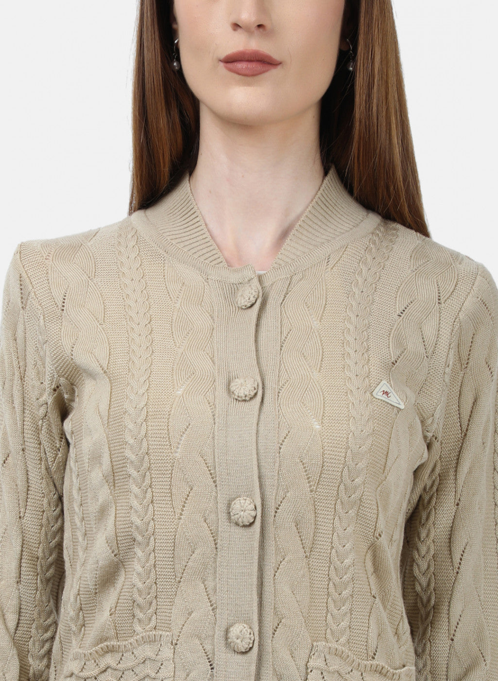 Women Beige Self Design Cardigan
