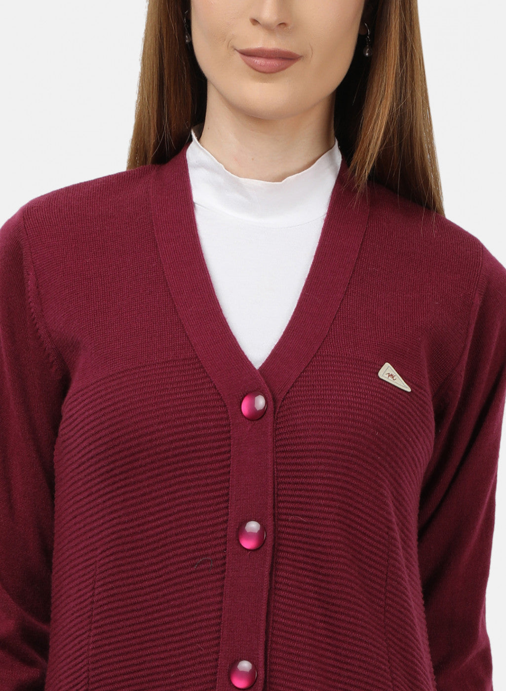 Women Maroon Self Design Cardigan
