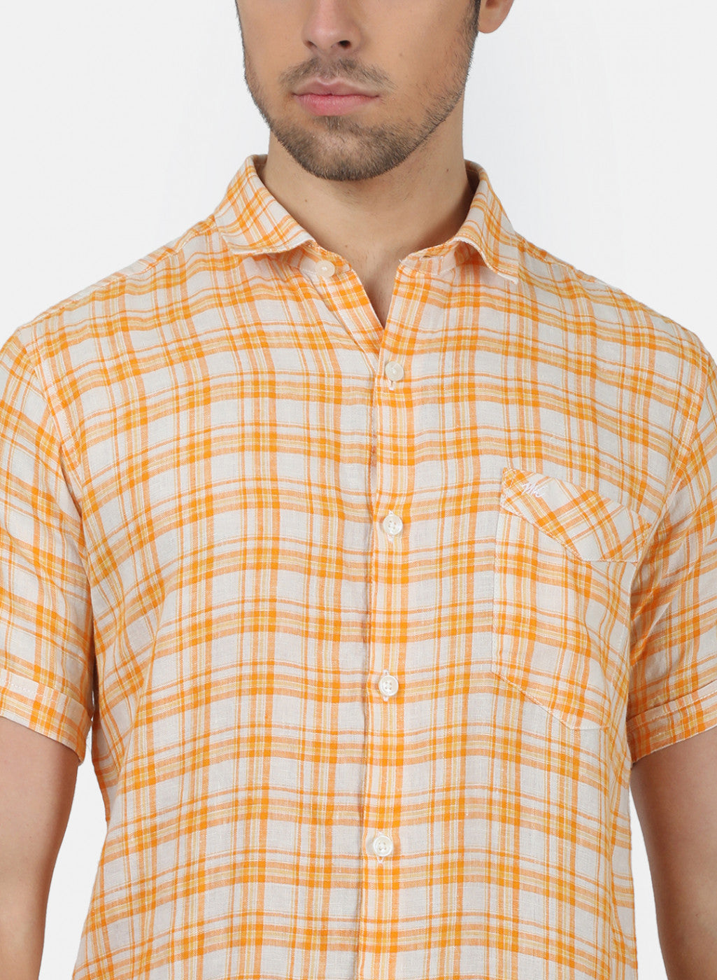 Men Orange Check Linen Shirt