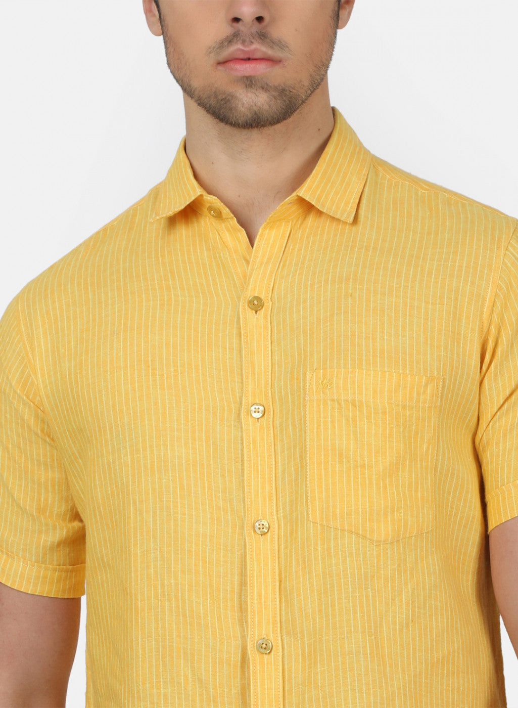 Men Yellow Stripe Linen Shirt