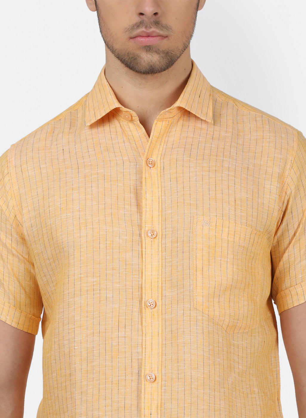 Men Yellow Stripe Linen Shirt