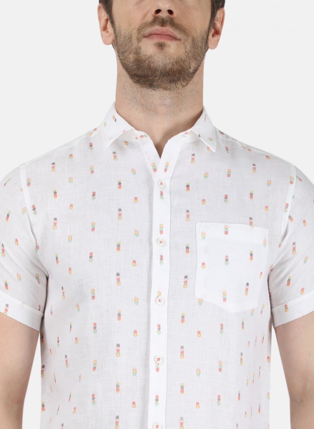Mens White Printed Linen Shirt