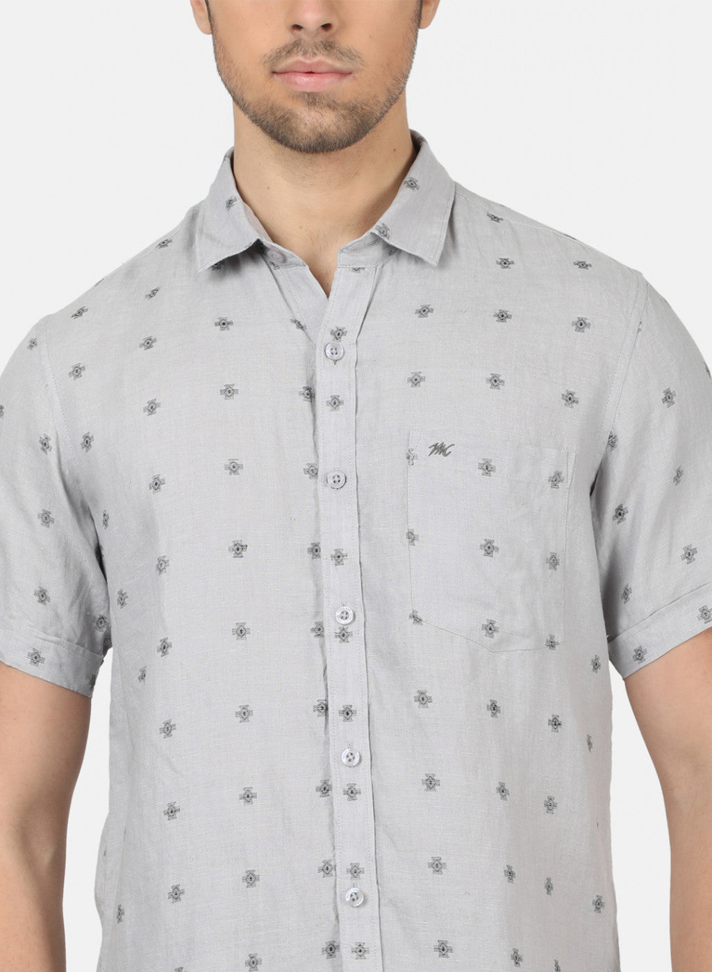 Men Grey Printed Linen Shirt