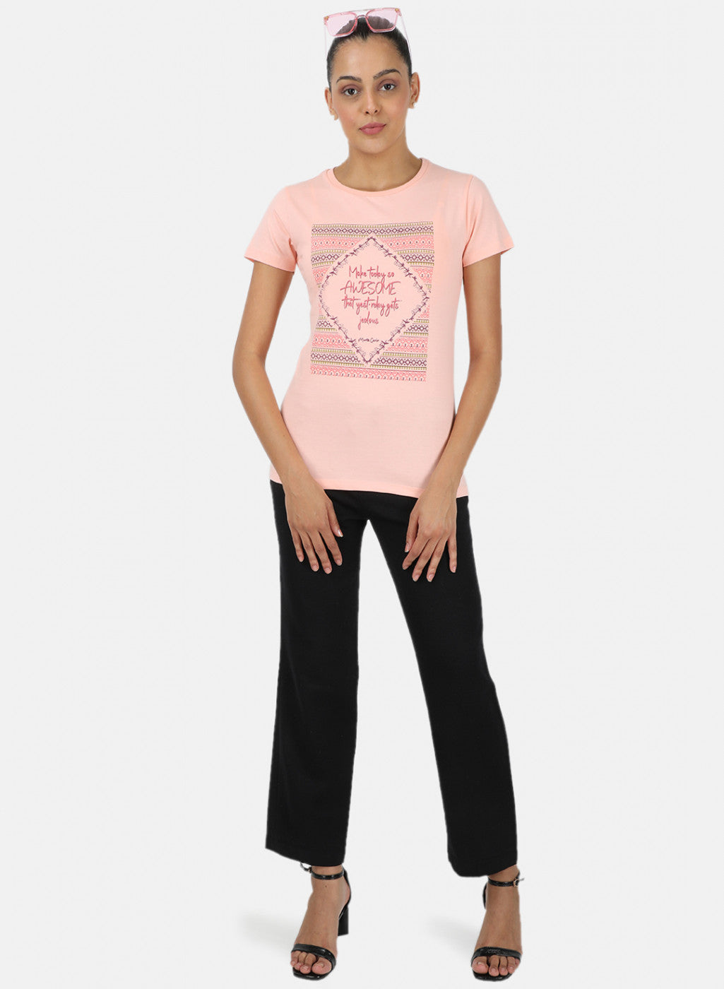 Womens Peach & Off White Printed Top 2Pc Set