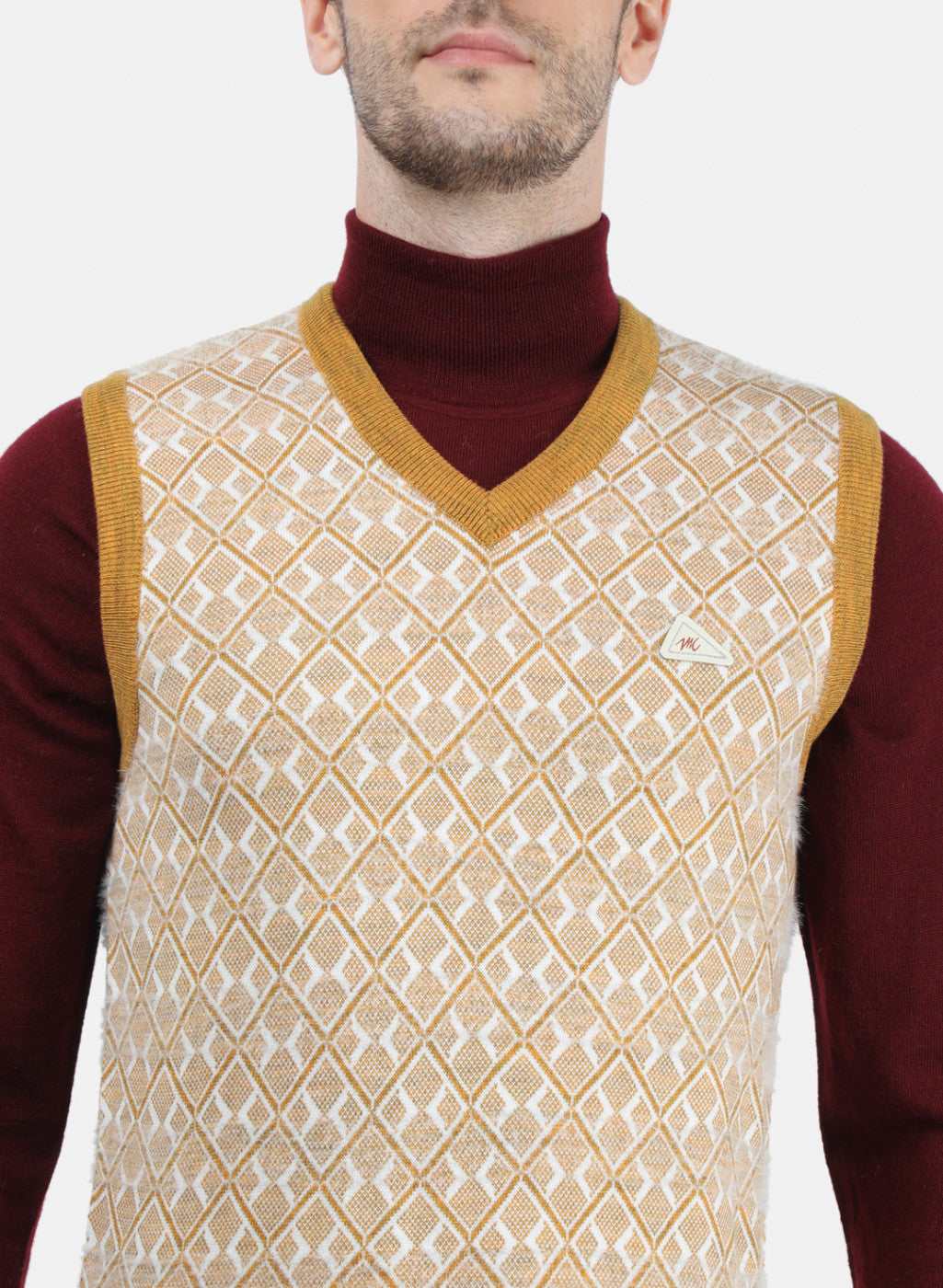 Men Mustard & White Solid Sweater