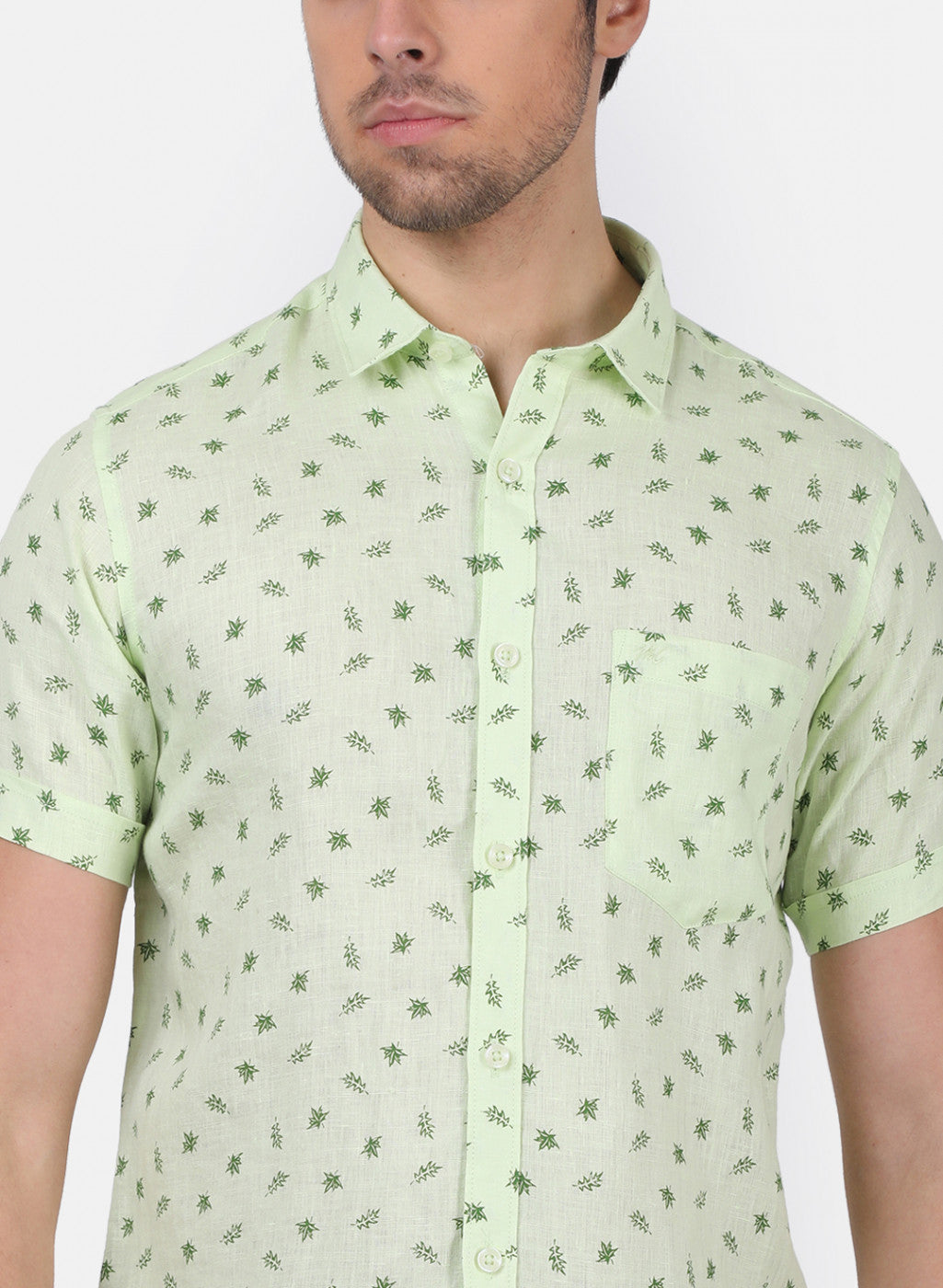 Men Green Printed Linen Shirt