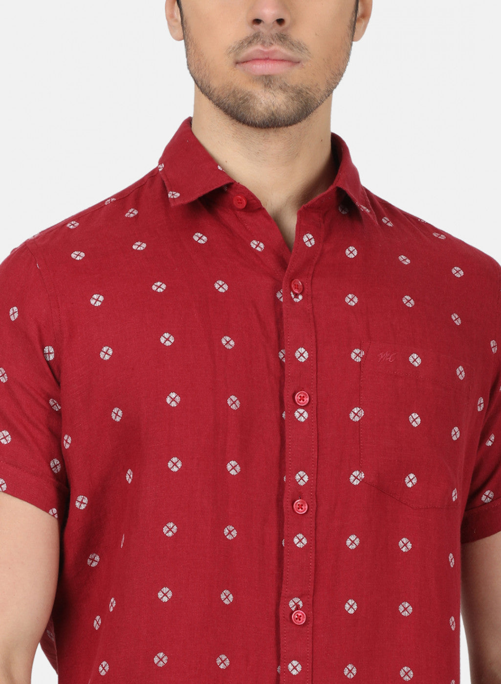 Men Maroon Printed Linen Shirt