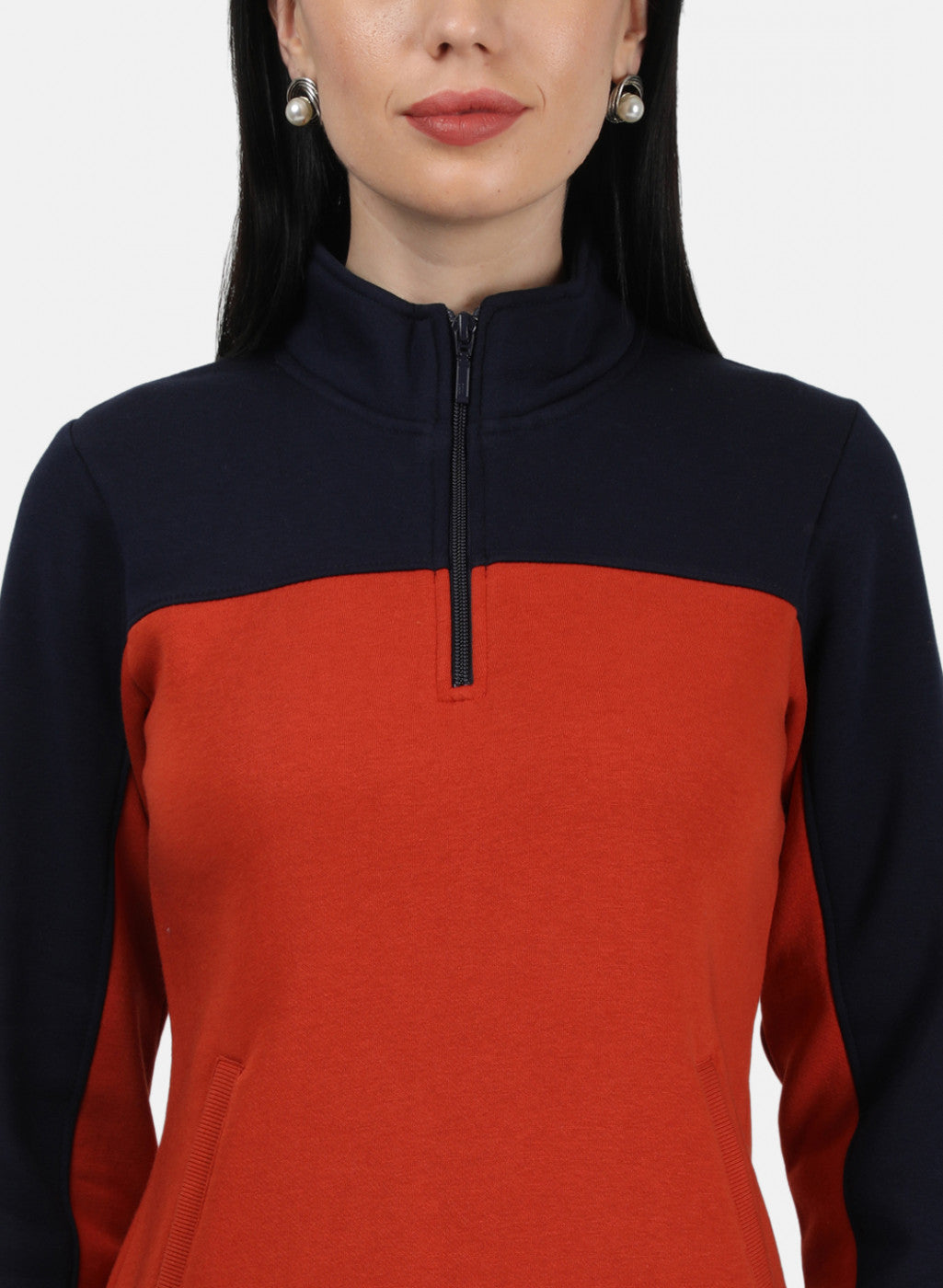 Women Orange & Navy Plain Sweatshirt