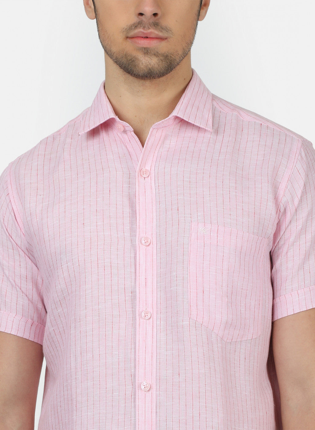 Men Pink Stripe Linen Shirt