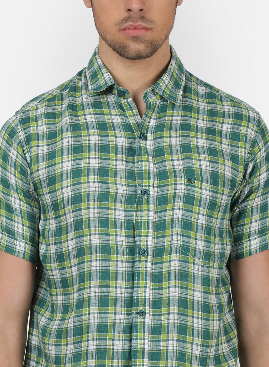 Men Green Check Linen Shirt