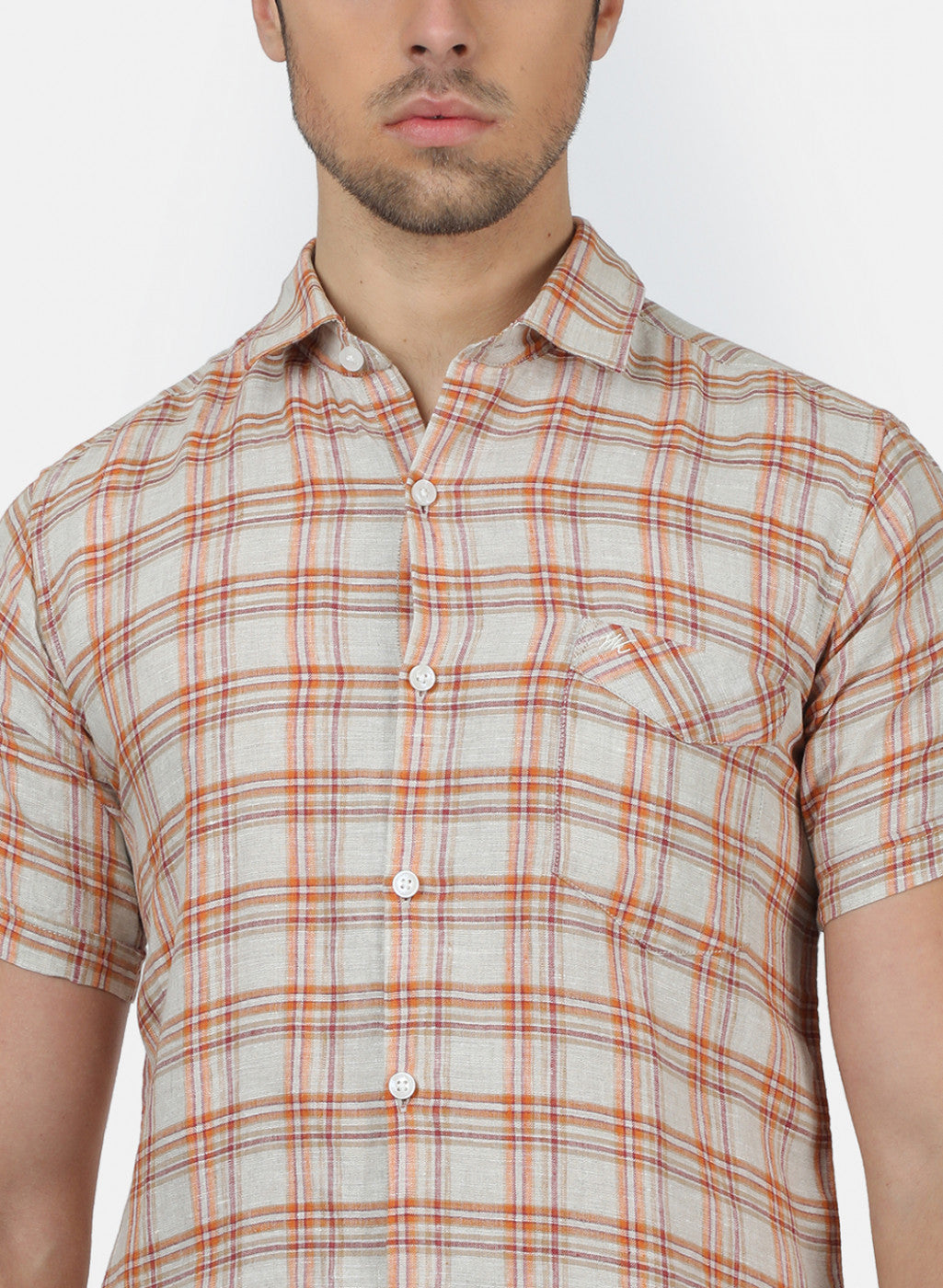 Men Beige Check Linen Shirt