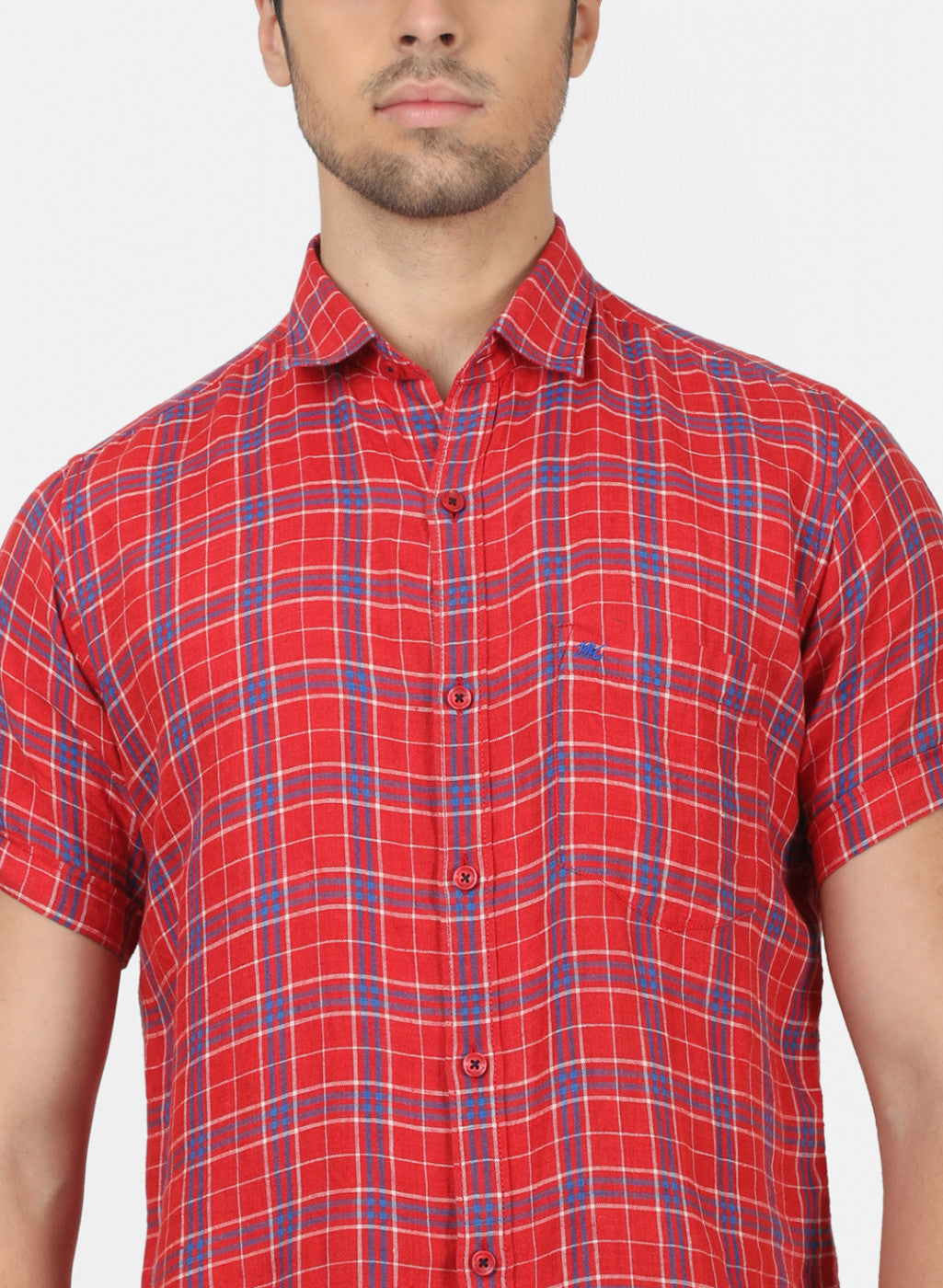 Men Red Check Linen Shirt