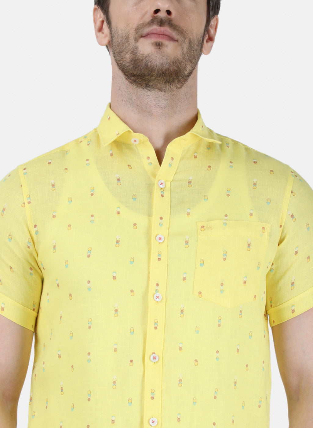 Mens Yellow Printed Linen Shirt