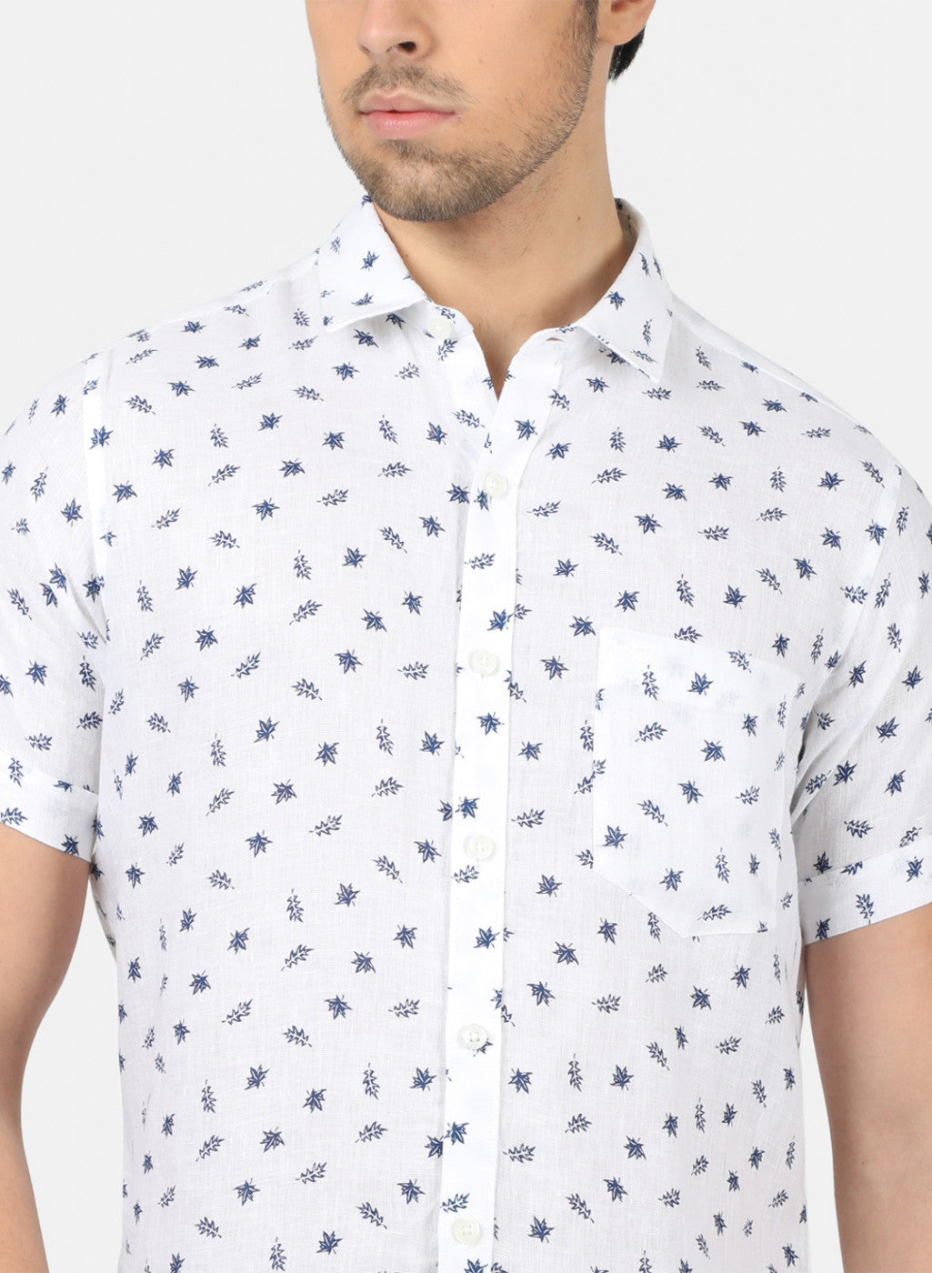 Men White Printed Linen Shirt