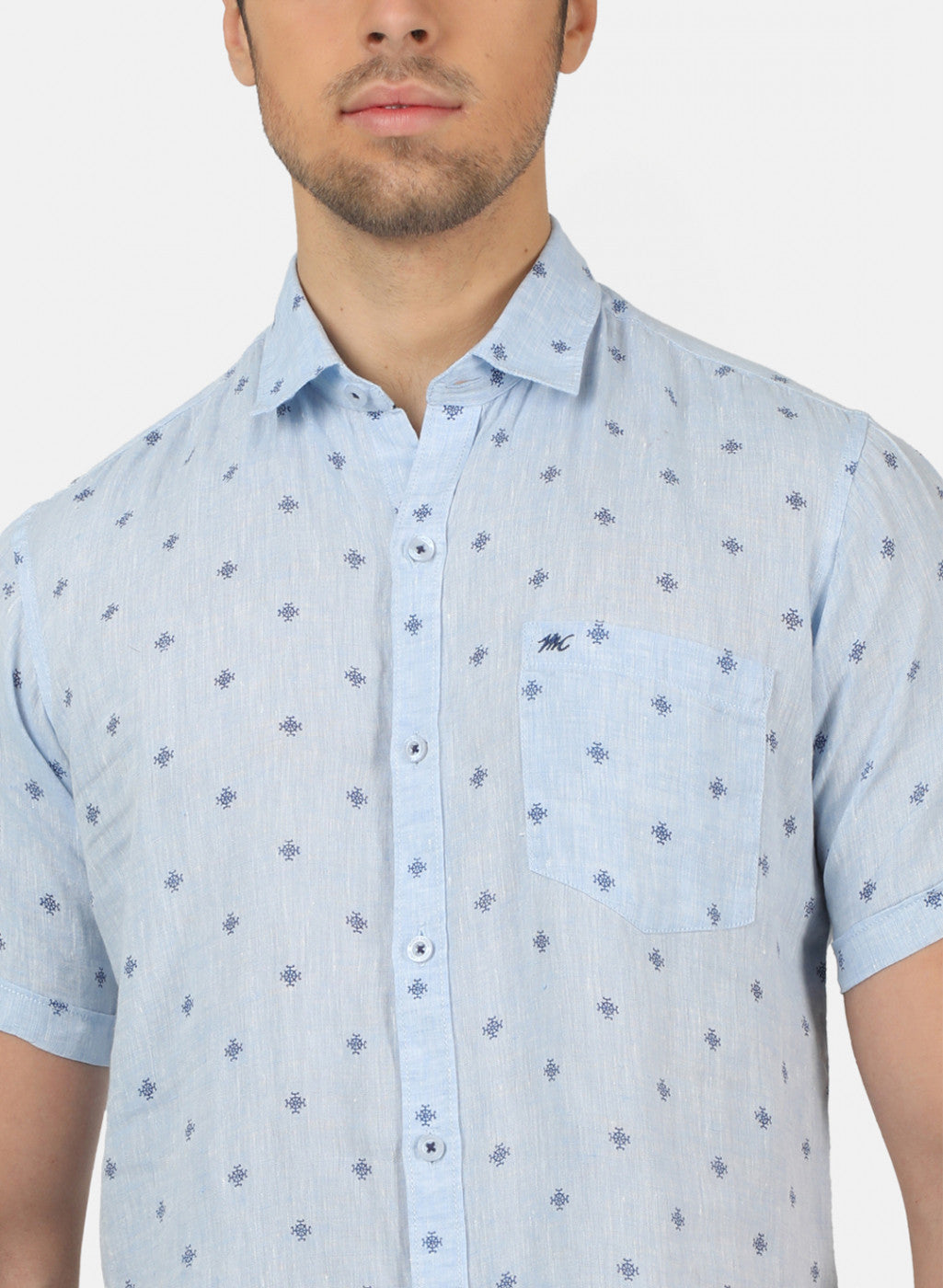 Men Blue Printed Linen Shirt