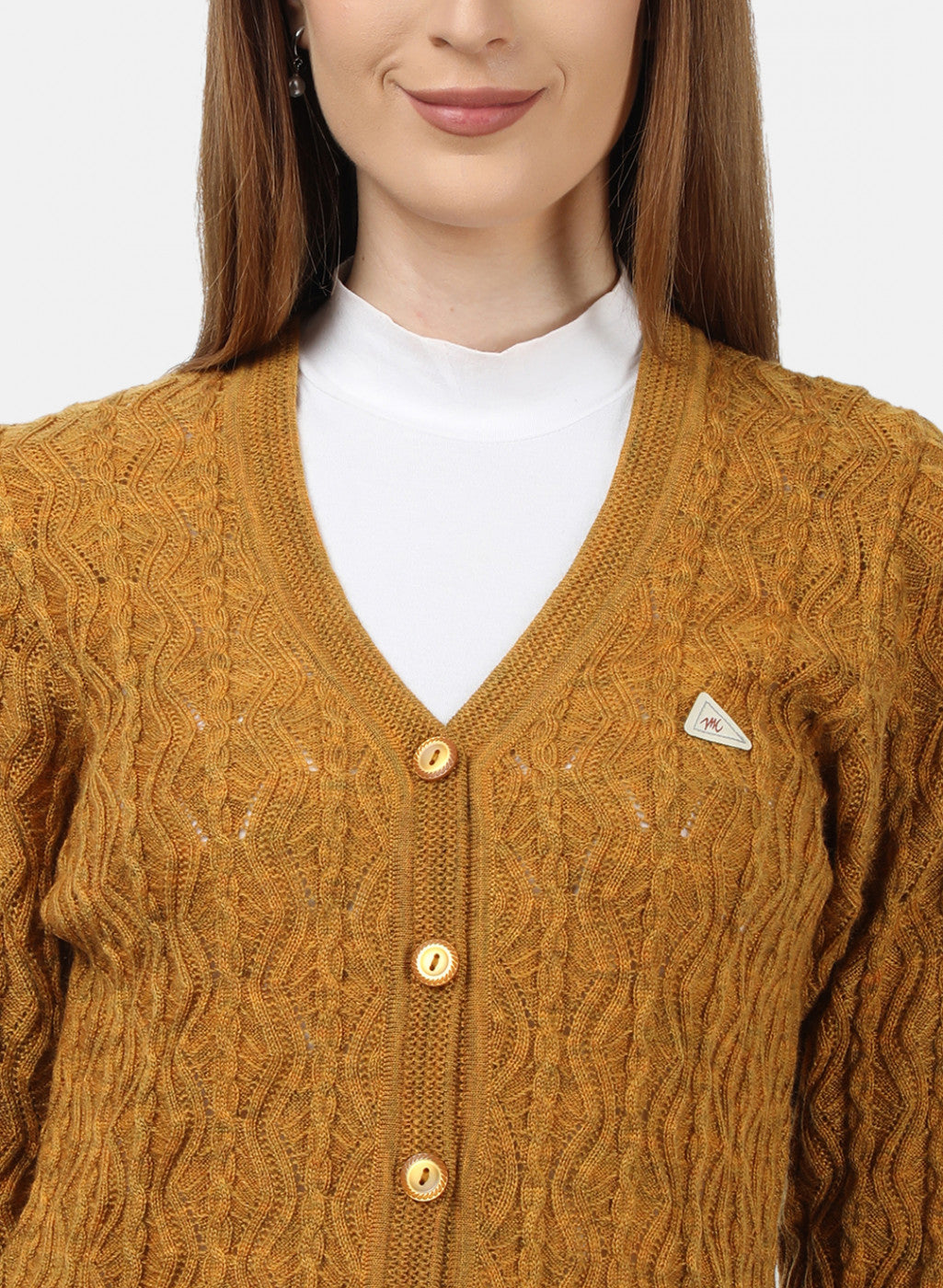 Women Yellow Self Design Cardigan