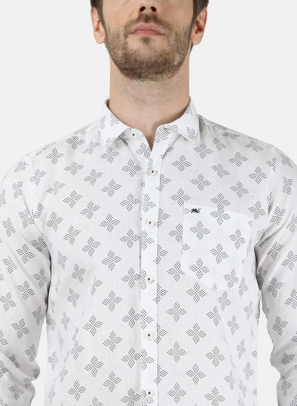 Mens White Printed Linen Shirt