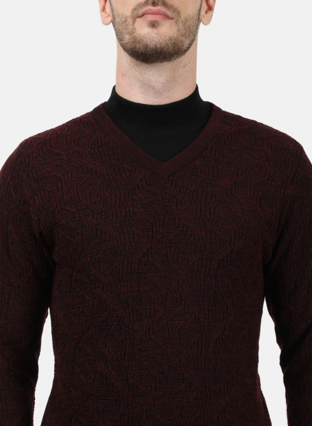 Men Maroon Self Pullover