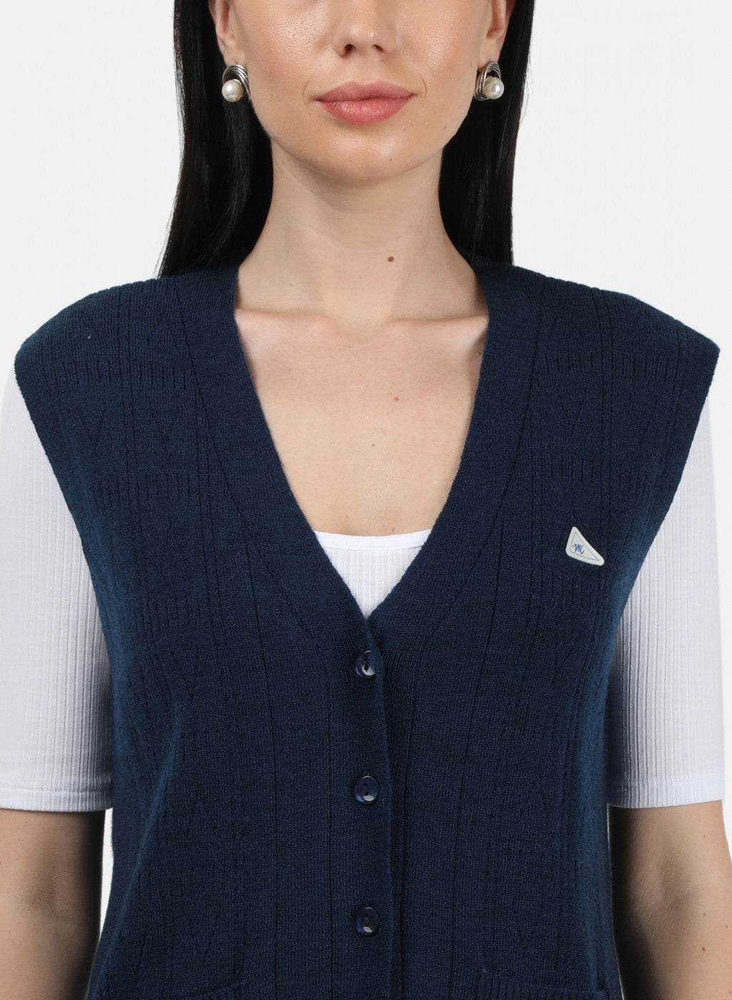 Women Navy Blue Self Design Cardigan