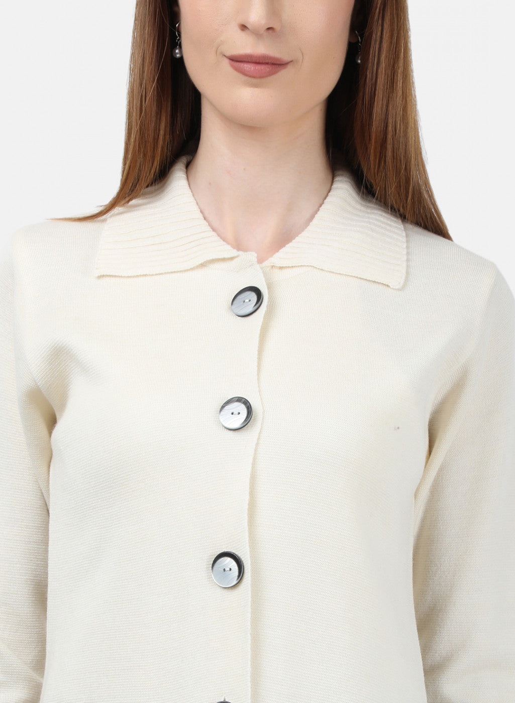 Women Off White Solid Cardigan