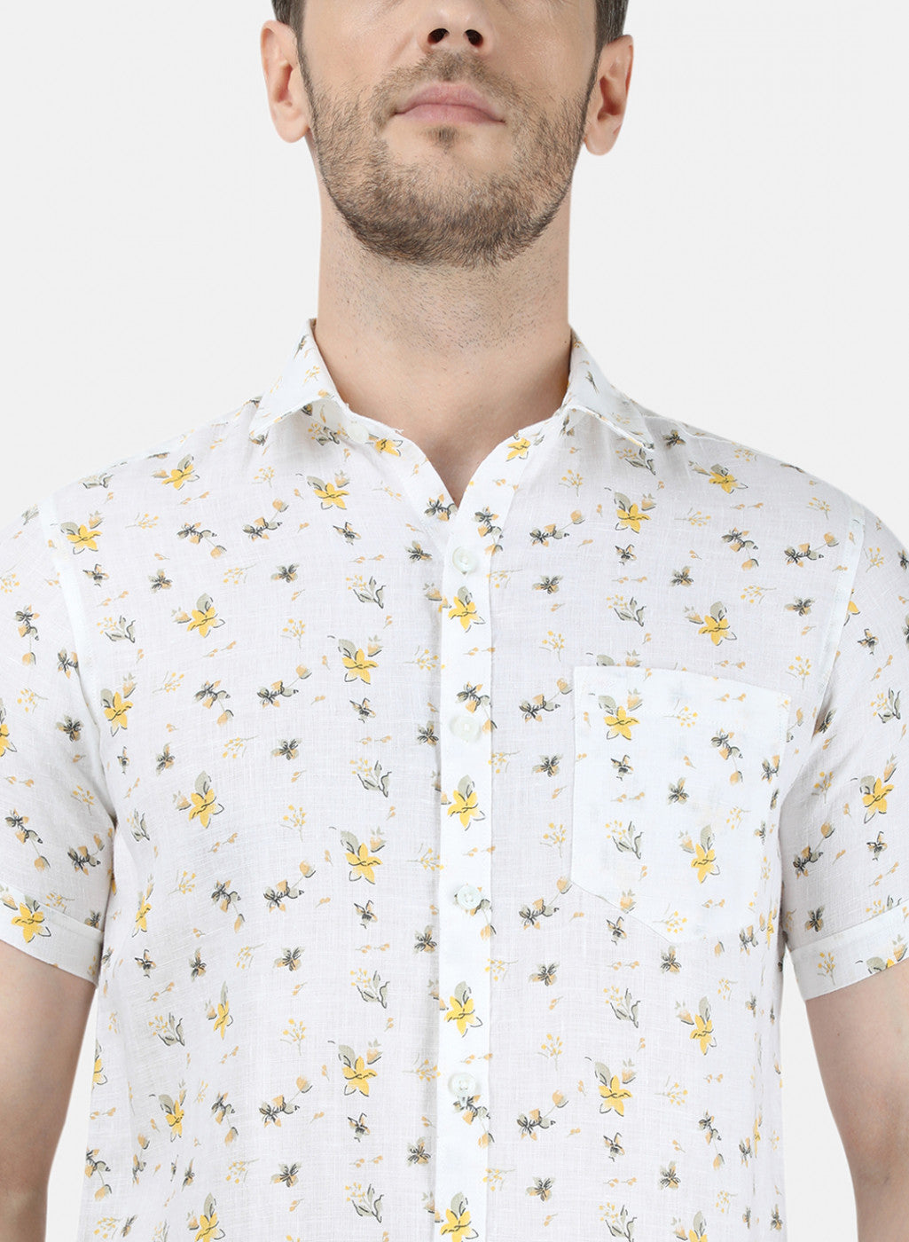 Mens Yellow Printed Linen Shirt