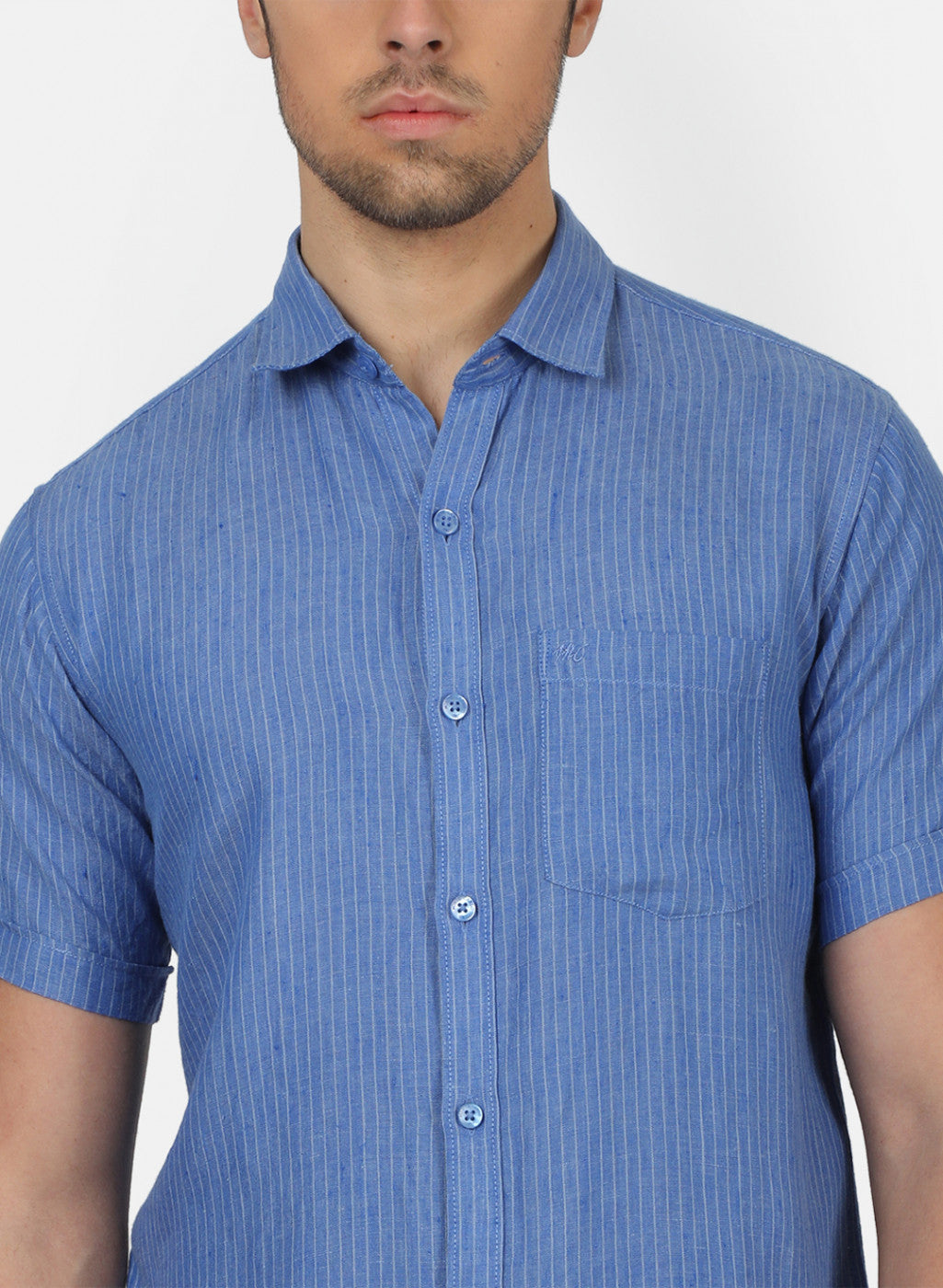 Men Blue Stripe Linen Shirt
