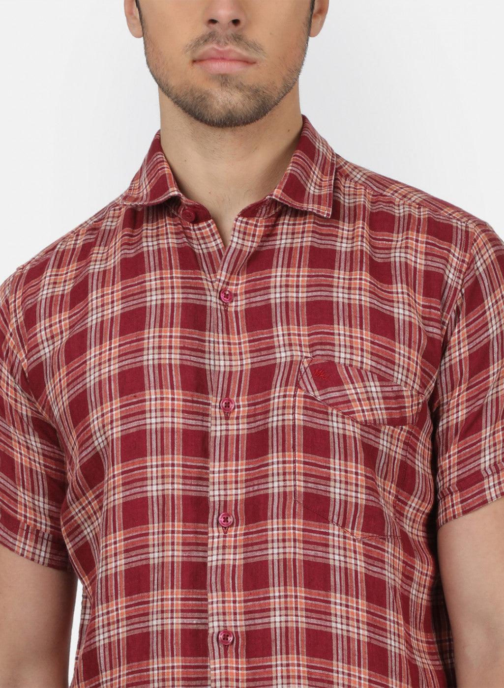 Men Maroon Check Linen Shirt