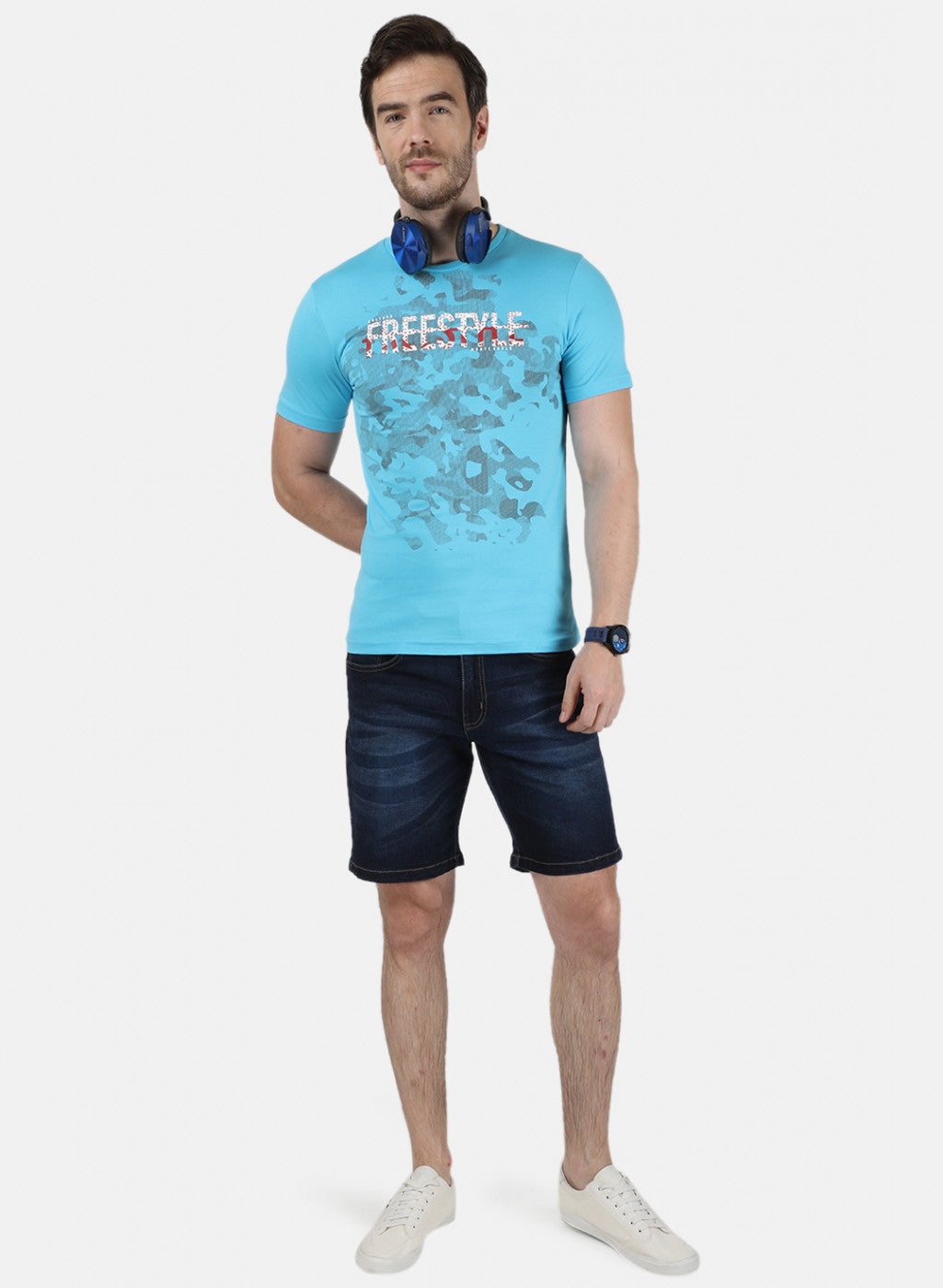 Mens Blue & Off White Printed T-Shirt