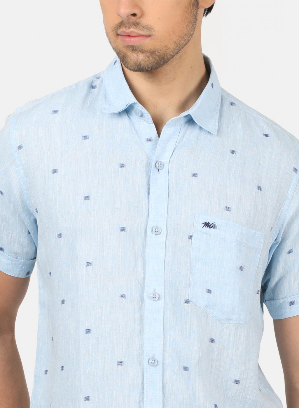 Men Blue Printed Linen Shirt