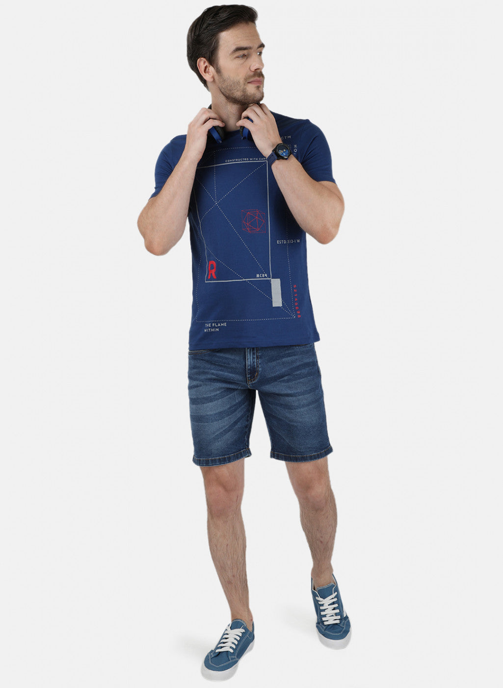 Mens Blue & Yellow Printed T-Shirt
