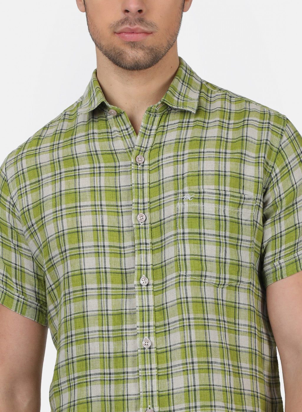 Men Olive Check Linen Shirt