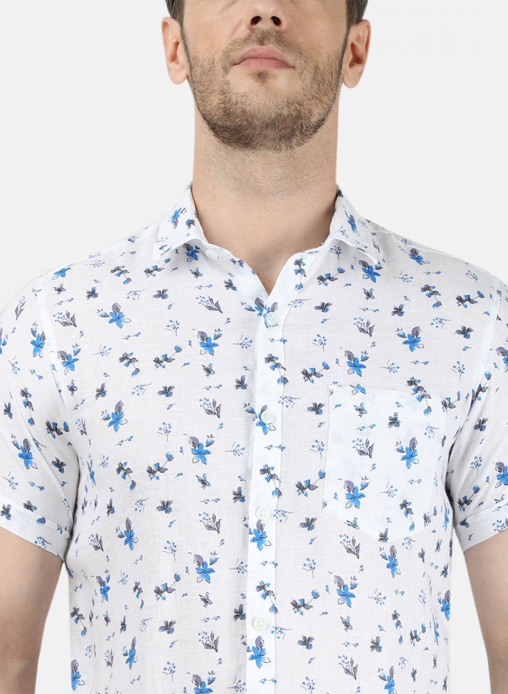 Mens Blue Printed Linen Shirt