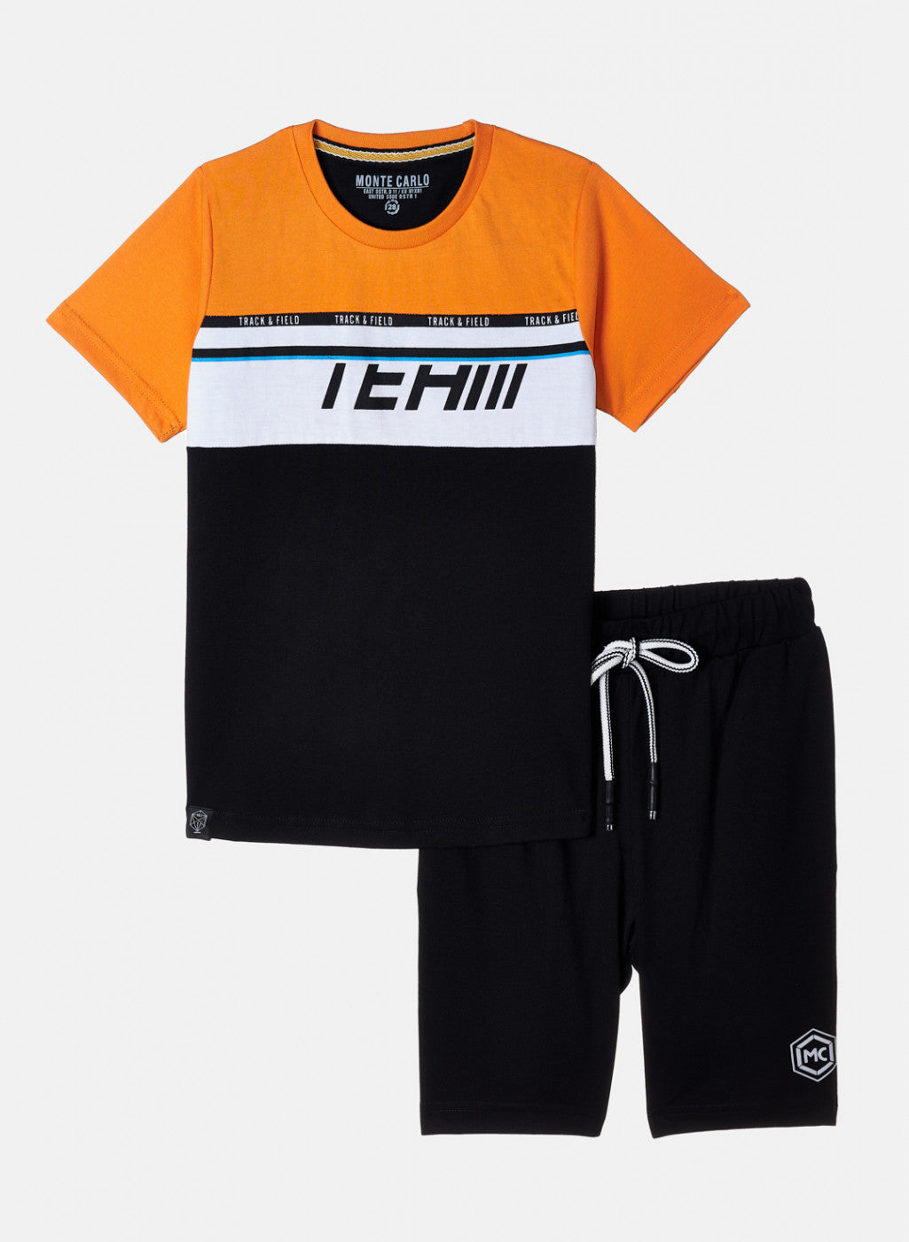 Boys Orange & Black Printed Bermuda Set