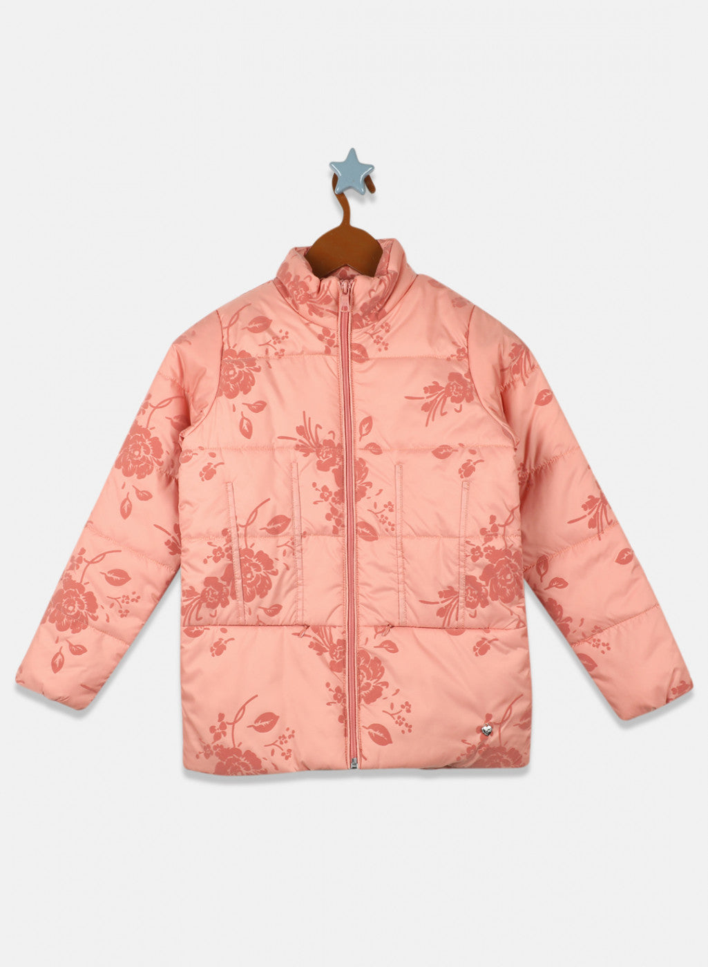 Girls Peach Printed Jacket