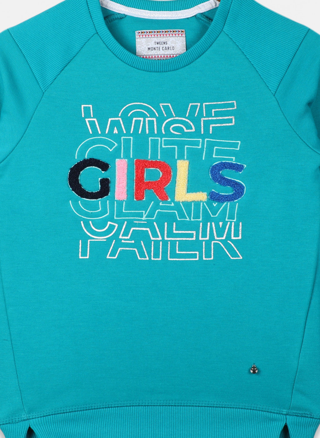 Girls Teal Blue Printed Sweatshirt