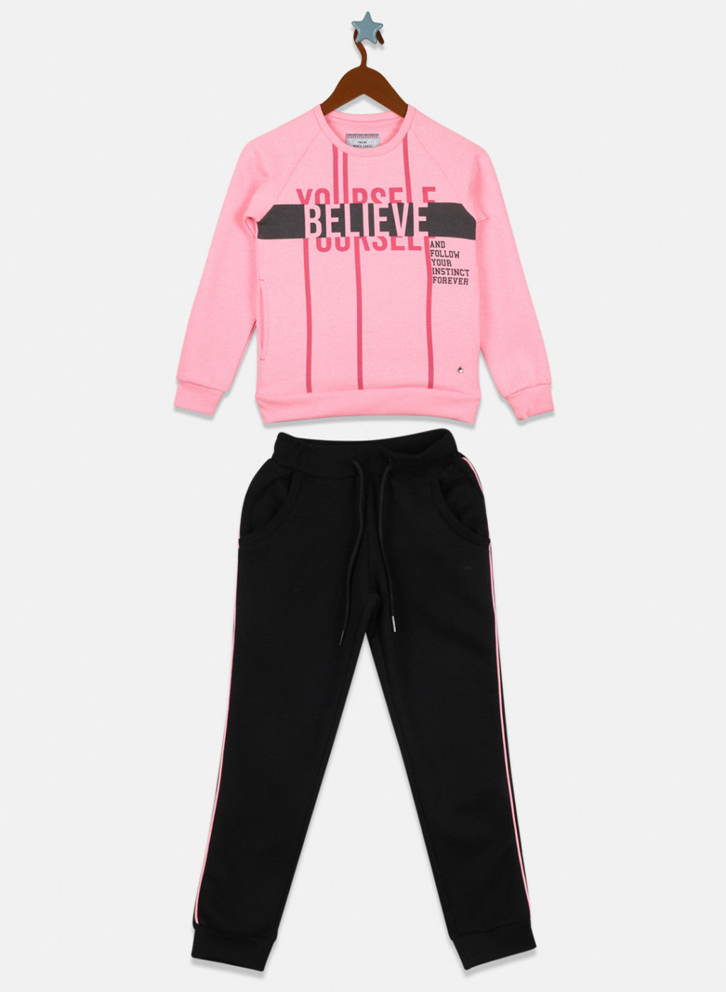 Girls Pink & Black Printed Tracksuit