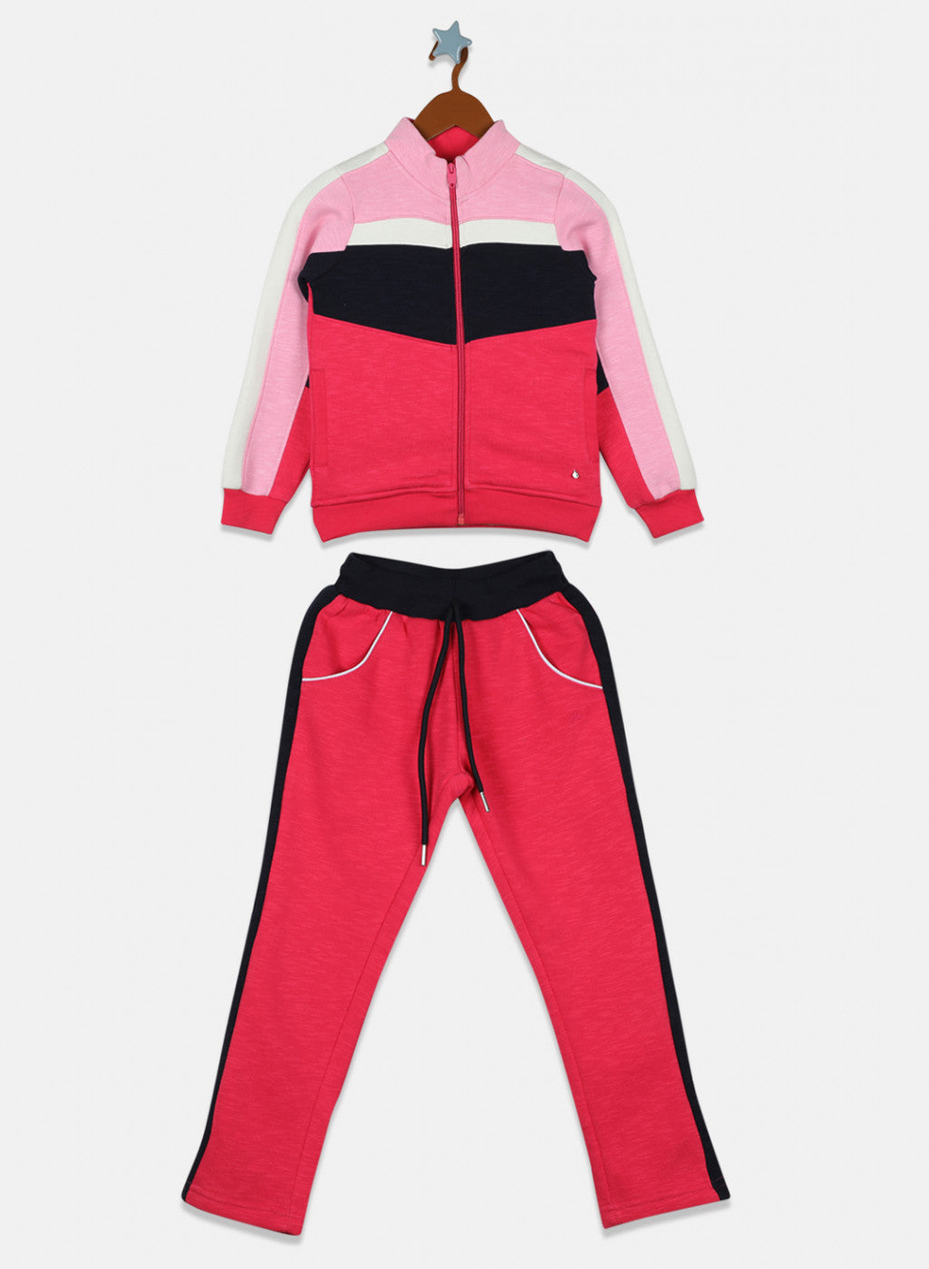 Girls Pink & Red Solid Tracksuit