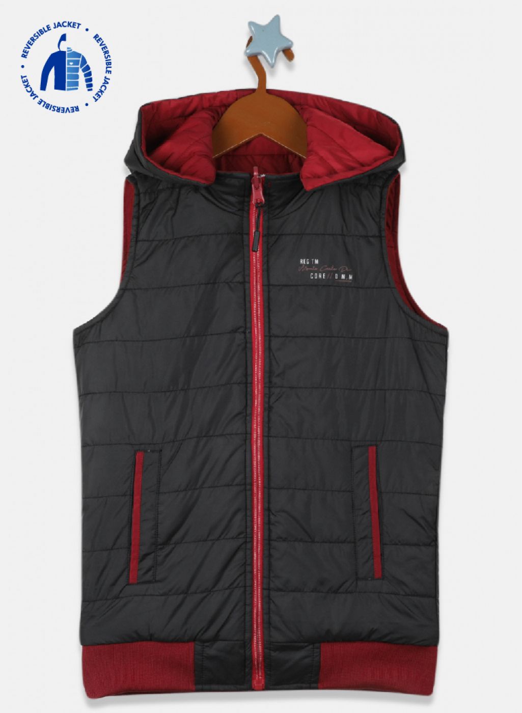 Boys Maroon & Black Reversible Solid Jacket