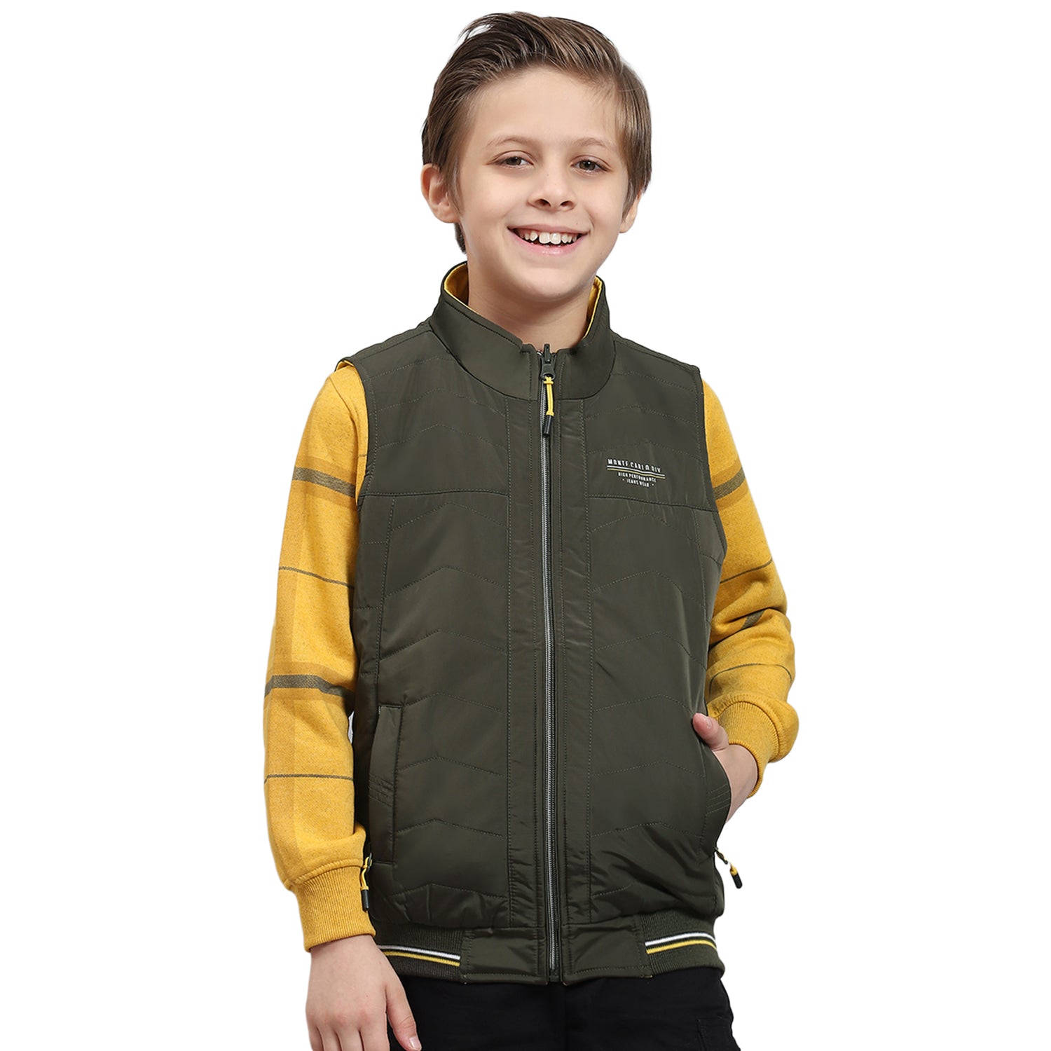 Boys Olive Solid Stand Collar Sleeveless Boys Jacket