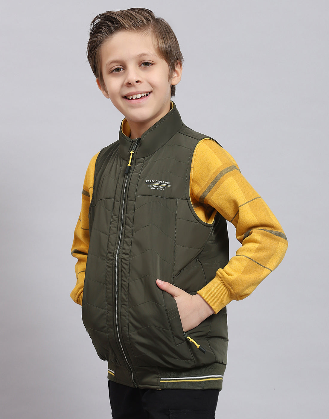 Boys Olive Solid Stand Collar Sleeveless Boys Jacket