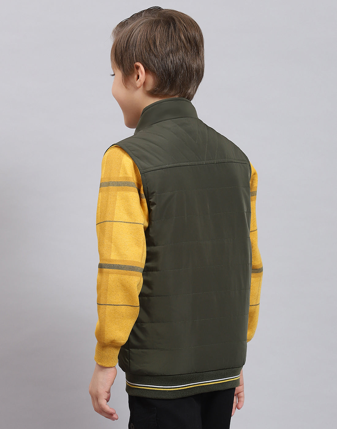 Boys Olive Solid Stand Collar Sleeveless Boys Jacket