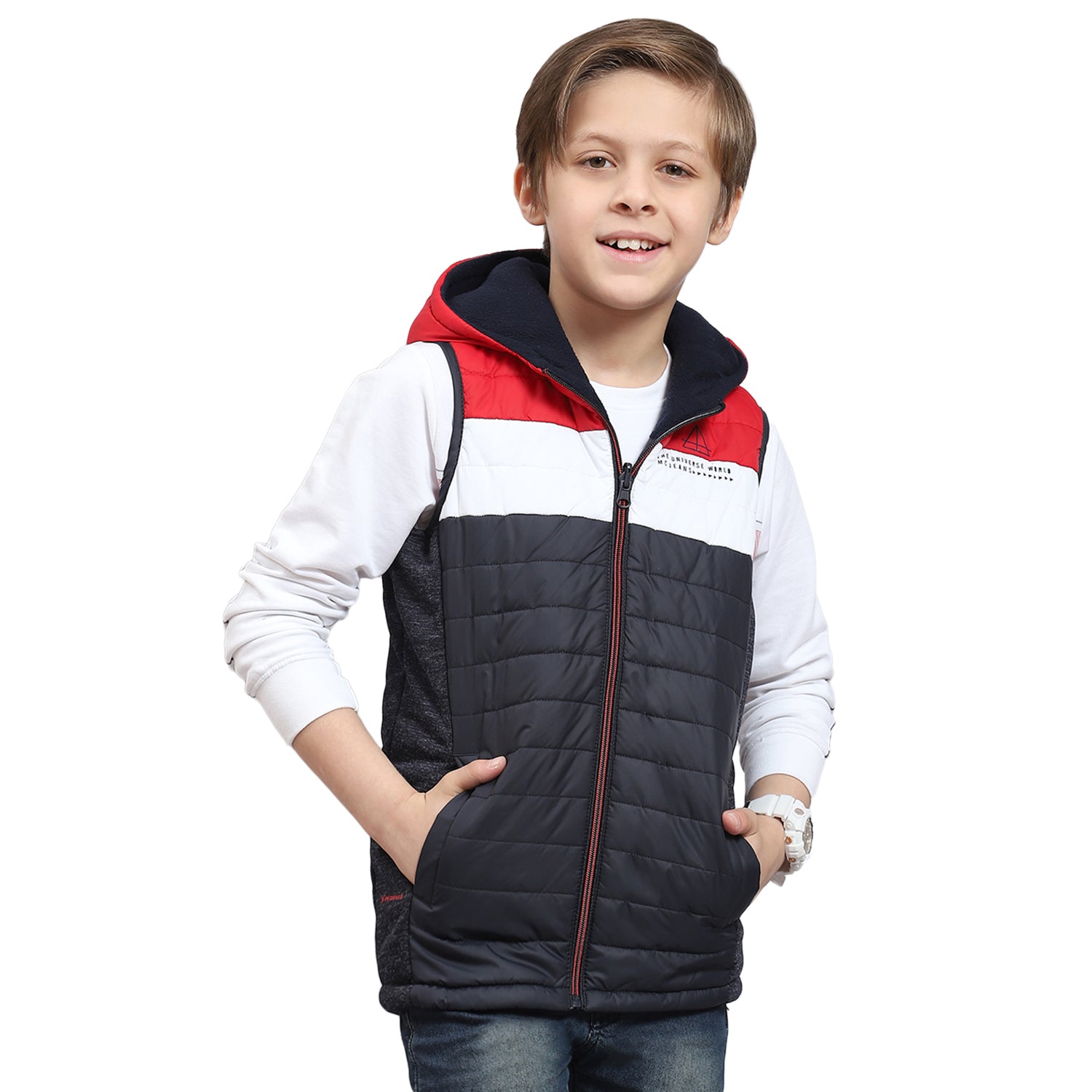 Boys Navy Blue Solid Stand Collar Sleeveless Boys Jacket