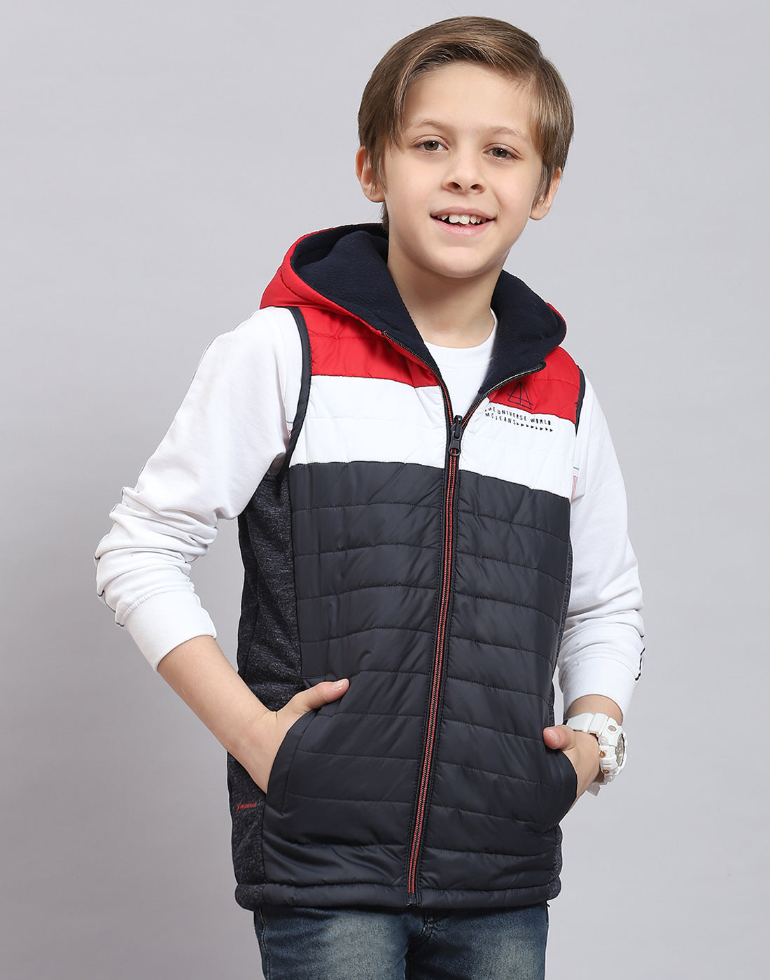 Boys Navy Blue Solid Stand Collar Sleeveless Boys Jacket
