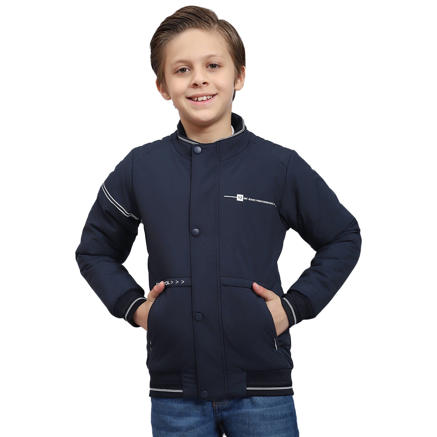 Boys Navy Blue Solid Stand Collar Full Sleeve Boys Jacket